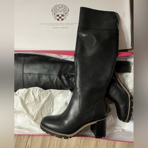 Vince Camuto black leather chunky heeled over the knee boots